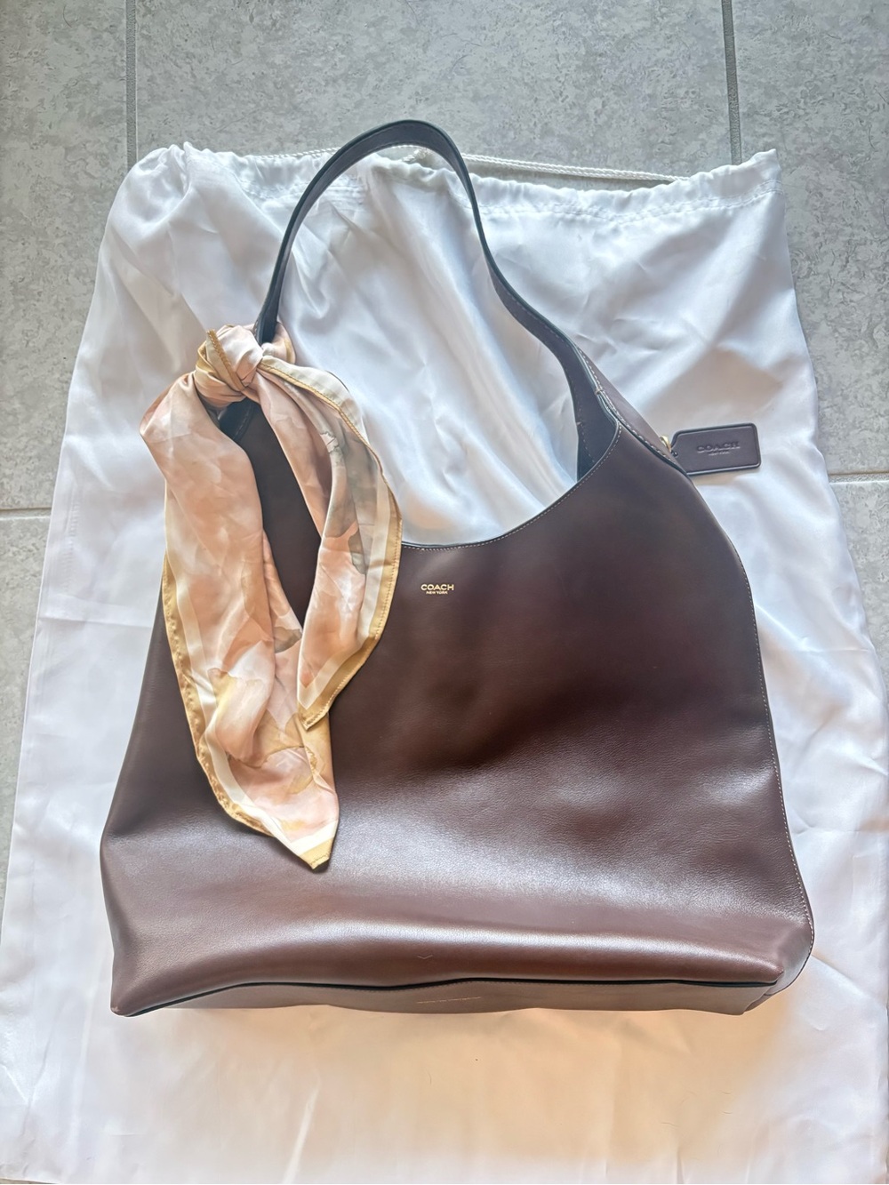 Coach Brown Full Grain Leather Hobo Shoulder Bag Gold Hardware + Scarf